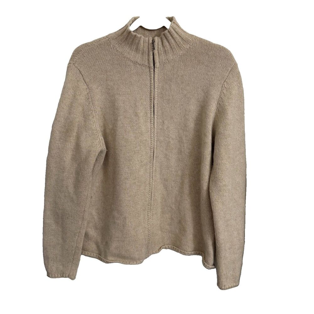 LL Bean Sweater Womens Large Cream Soft Lambswool Angora Zip Up Mock Neck